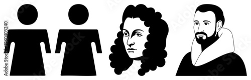 Black and white vector illustration of two stylized human figures alongside detailed portraits of historical men, rendered in flat design with clean and high contrast.