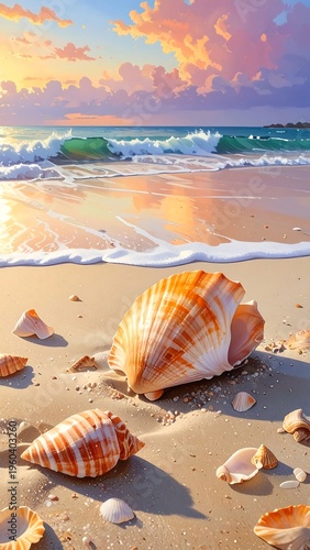A serene beach scene with seashells and a vibrant sunset