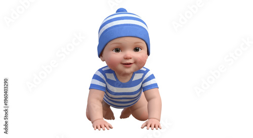 Cute and cheerful baby in a striped blue and white outfit crawling happily, portraying innocence and early childhood exploration