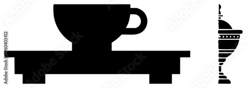 Minimalist coffee cup on saucer, espresso machine silhouette, flat vector graphic, café set, black and white design, isolated elements, modern branding assets.