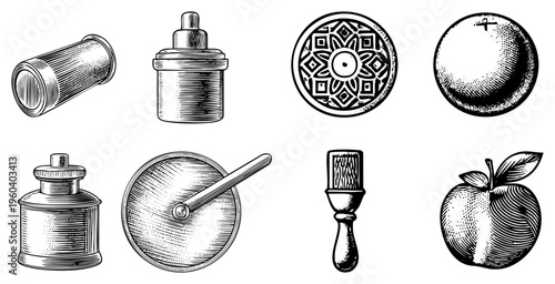 Antique inkwell, knob,, citrus, brush, clock face, cylinders detailed hatching & stippling. Classic engraving, vector.