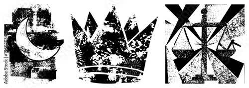 Graphic symbols with halftone texture moon, crown, justice scales stylized in high contrast vector art, ideal for logos or emblem design.