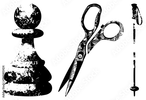 Black and white stylized chess pawn, scissors with blades, ski pole with basket gritty halftone texture, isolated vector graphics.
