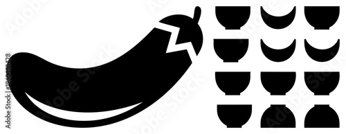 Eggplant with stylized bowls, vegetable graphic, culinary symbol, food illustration, flat vector art, black silhouette, kitchen.