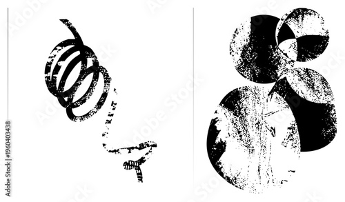 Stylized black and white graphic with distressed spiral and layered circles, halftone texture, vector illustration, isolated art element, abstract design.