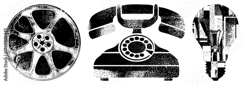 Classic film reel, rotary telephone, and incandescent bulb rendered in gritty halftone, retro tech symbols, vector cutouts, isolated.