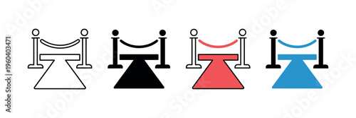 Red carpet icon vector set with VIP entrance stanchions for movie premiere, award ceremony, luxury events, and celebrity gala