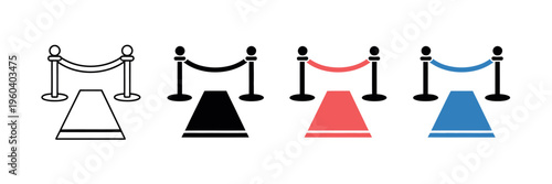Red carpet icon vector set with VIP entrance stanchions for movie premiere, award ceremony, luxury events, and celebrity gala