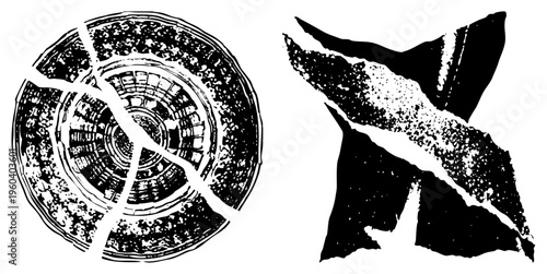 Stylized broken circular design with concentric rings, paired with angular motif, vector art, graphic texture, halftone grain effect.