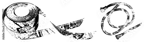 Classic movie film reel, coiled motion tape, cinema projection elements, halftone texture, retro filmstrip graphic, black and white vector art.