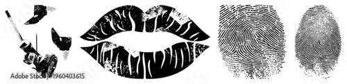 Vintage style graphic including stylized lips, smoking pipe, and detailed fingerprints, rendered in distressed black and white for retro design projects.