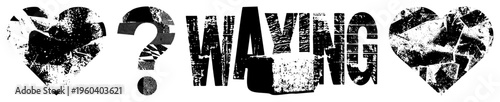 Graphic composition with fragmented and question mark, distressed typographic word "WAYING", glitch art style, bold stencil font, vector design.