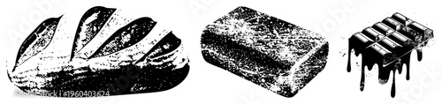 Halftone rendered loaf of bread, rectangular bar of soap, dripping chocolate bar, stylized food items, graphic design elements.