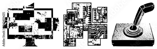 Classic gaming joystick and old school computer monitor, surrounded by fragmented circuit boards, pixelated retro tech, nostalgic digital hardware.