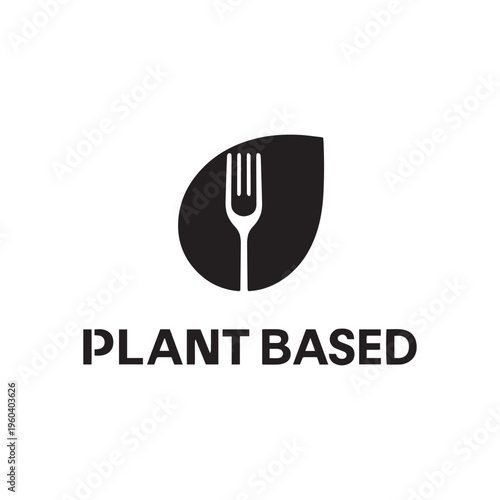 Minimalist Plant Based Logo with Fork and Leaf Symbol for Vegans