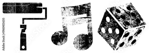 Textured black paint roller, musical note, die, gritty vector art, creative tools, game elements, graphic design assets.