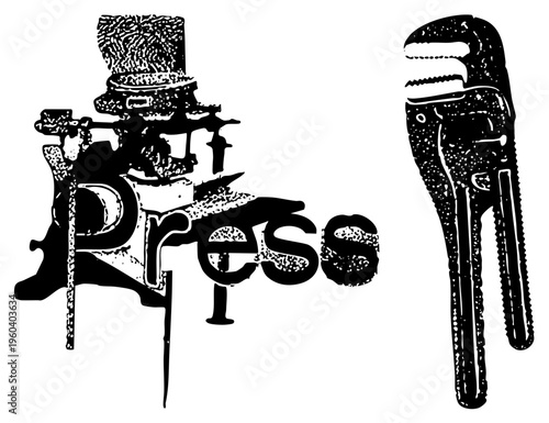 Typewriter and pipe wrench stylized as letterforms spelling “Press,” retro industrial design, vector, mechanical typography, press emblem.