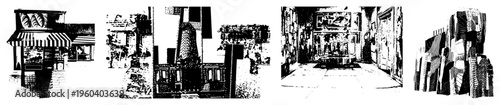 Black and white halftone renderings of cityscapes, alleyways, and storefronts with bold geometric shapes and stark shadows, urban architecture, gritty textures, street art backgrounds.
