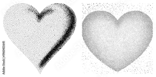 Vector heart rendered in halftone dot, gradient density variation, isolated glyph, design, stylized love symbol.