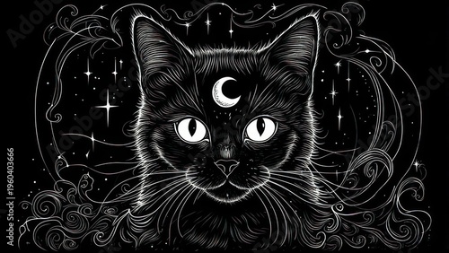Mystical Black Cat with Crescent Moon and Stars in Dark Fantasy Art.