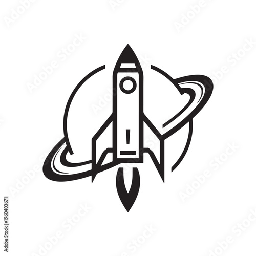 Sleek Black Rocket Icon Launching Past A Ringed Planet Illustration