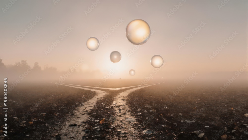 Fototapeta premium Mystical sunrise over a foggy landscape with floating orbs.