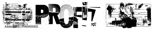 Stylized profit typography with distressed checkbook elements, financial graphic, money themed art, halftone texture, business, design.