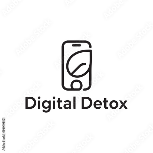 Minimalist Digital Detox Logo with Smartphone and Leaf Line Art