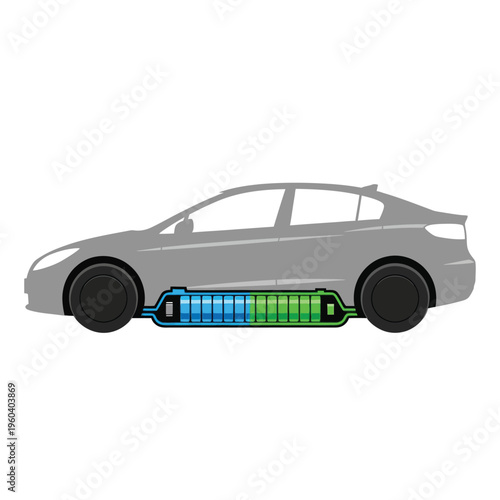 Illustration of an electric car with a detailed view of its internal battery pack, showcasing charge levels