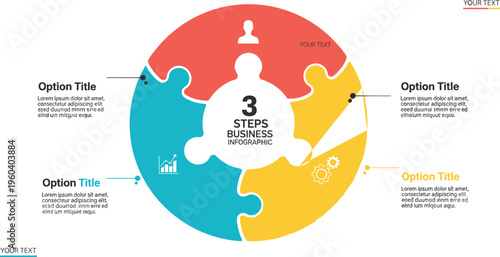 Circular puzzle infographic vector template for three step business process comparison analysis and presentation design visualization