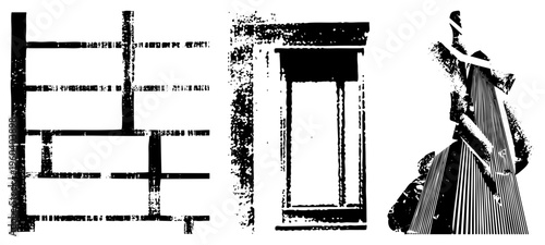 Stylized vector shapes with grainy halftone textures, graphic art elements, minimalist composition, design, abstract architecture, stylized structure, visual.