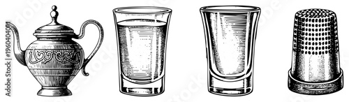 Classic engraved teapot, water glass, shot glass, and perforated thimble, vintage engraving style, black and white art, isolated objects.