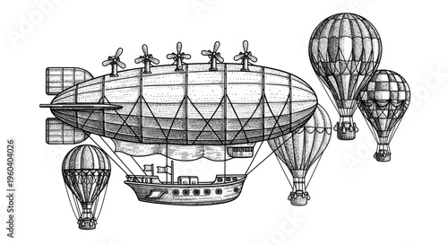 Vintage Airship and Hot Air Balloons Illustration