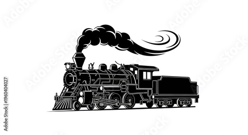 Vintage Steam Locomotive Black Silhouette, Old Train, Smoke Cloud