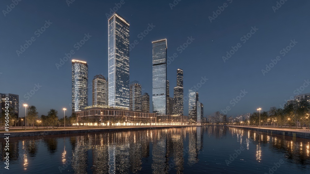Obraz premium Modern illuminated skyscrapers border a calm waterway during twilight hours
