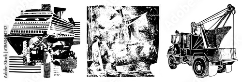 Three black and white halftone vector cruise ship with deck rows, quarry rock face with tools, tow truck with crane arm. Isolated, cutout, rgba.