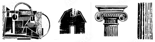 Modern handbag design with fragmented shapes, halftone shading, and sharp, vector art, fashion accessory, graphic illustration.