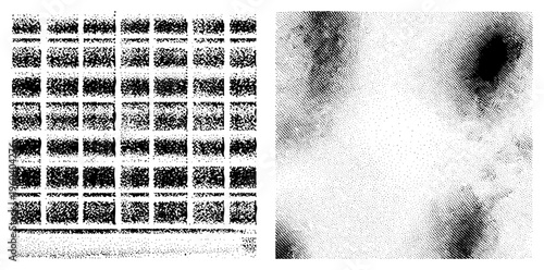 Black and white halftone dot matrix grid, screen printing texture, printmaking effect, graphic design element, rasterized, visual noise, vintage print aesthetic.