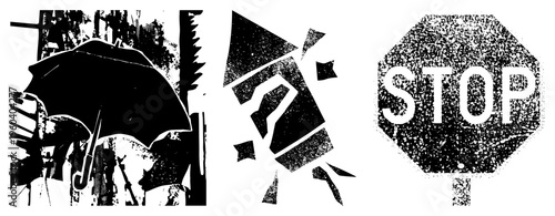 Urban with person holding umbrella, fragmented stop sign, gritty halftone texture, street art style, graphic.