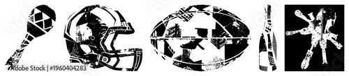 Stylized maraca, football helmet, rugby ball, champagne bottle, and snowboarder silhouette with gritty texture, vector art, sports memorabilia, athletic.