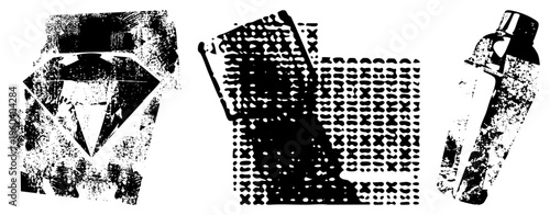 Stylized black and white vector featuring diamond, toilet, and spray can, rendered with halftone dot and distressed textures for retro aesthetic.