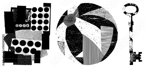 Bold black/white vector art with stylized geometry, halftone, distressed key, grid, circles, and textured shading for contrast.