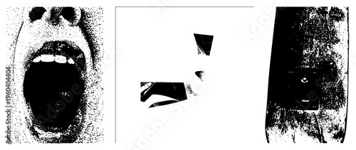 Mouth screaming with teeth visible, halftone dot, expressive face, black and white graphic, vector silhouette, emotional intensity, isolated facial expression.