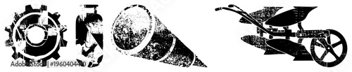 Set of mechanical including gear, gas canister, funnel, and plow, rendered in distressed black and white vector style, ideal for industrial or agricultural themes.