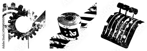 Weathered gear cog, duct tape roll, shovel blade, distressed vector art, industrial tools, mechanical motifs, gritty textures, black and white illustration.