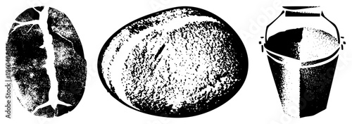 Black and white halftone graphic of coffee bean, bread loaf, and water bucket, stylized vector, isolated food and kitchen items, minimalist design.