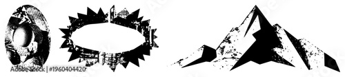 Black and white vector shapes oval with halftone texture, oval frame, jagged mountain silhouette, all isolated on transparent background, stylized graphic elements.