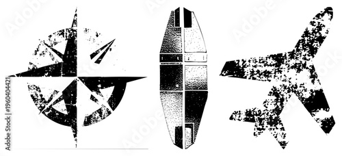 Weathered halftone military compass rose, missile, fighter jet stylized with distressed grain, black and white, tactical design, vector cutout.