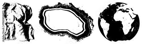 Rock formation, agate section, and globe earth, rendered as stylized vector graphics. Geologic and cartographic symbols for design, education, or branding.
