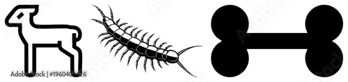Simple art of a dog, centipede, and bone, ideal for pet services, veterinary branding, or animal themed design.
